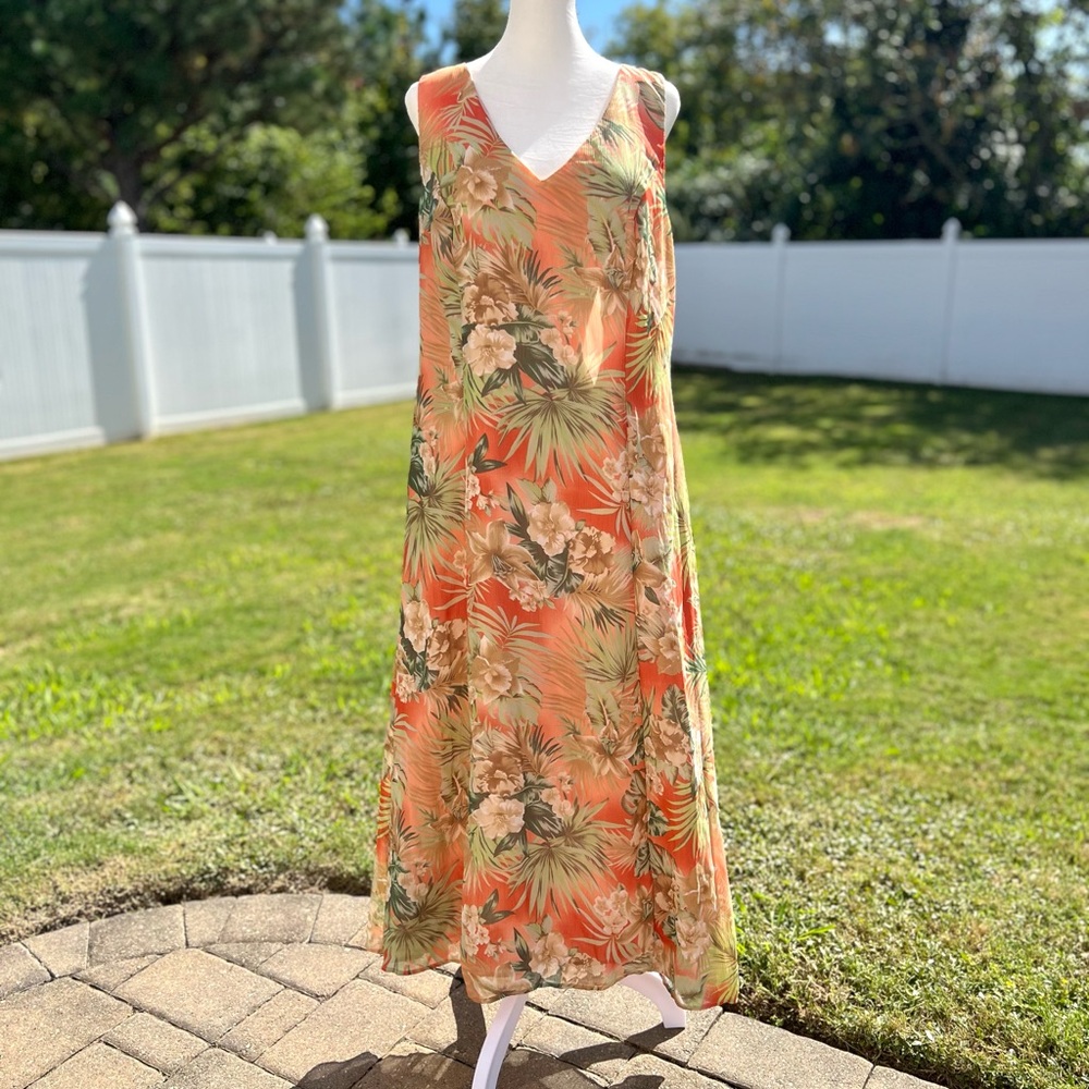 Danny & Nicole Peach Maxi Dress with Beige and Green Tropical Print Sz 16 - Picture 4 of 15